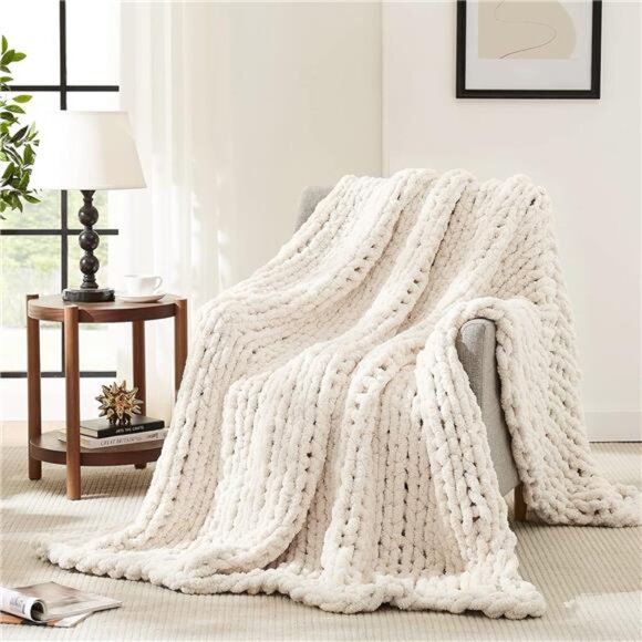Chunky Knit Blanket Throw,Soft Chenille Throw 50x60，Handmade Thick Cable Knit - Picture 1 of 8